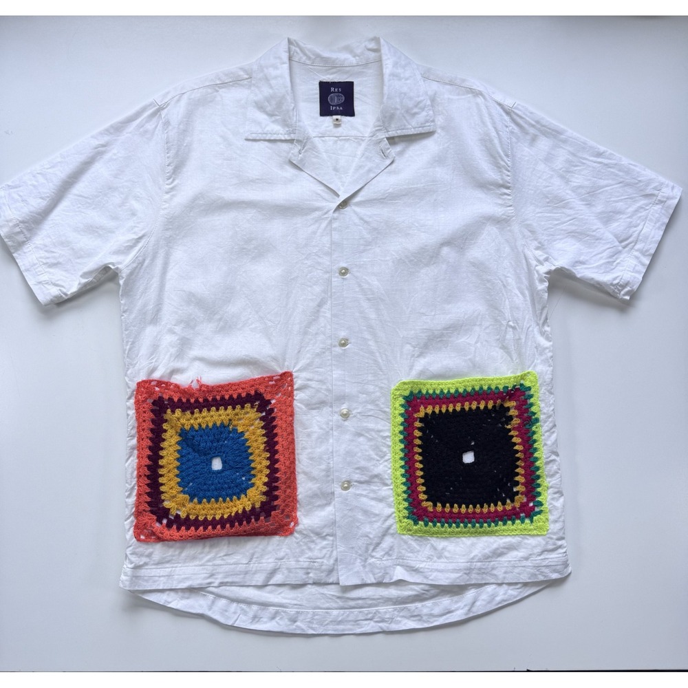 RES IPSA Linen Camp Short Sleeve Shirt Crochet Pockets Mens Medium White